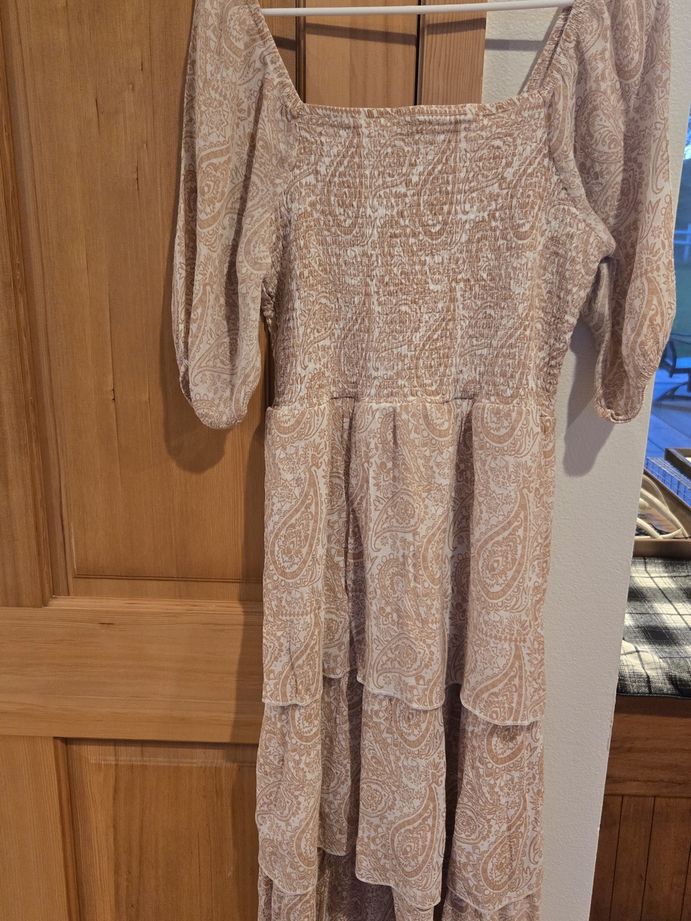 Paisley Shirred Bodice Midi Dress in Beige